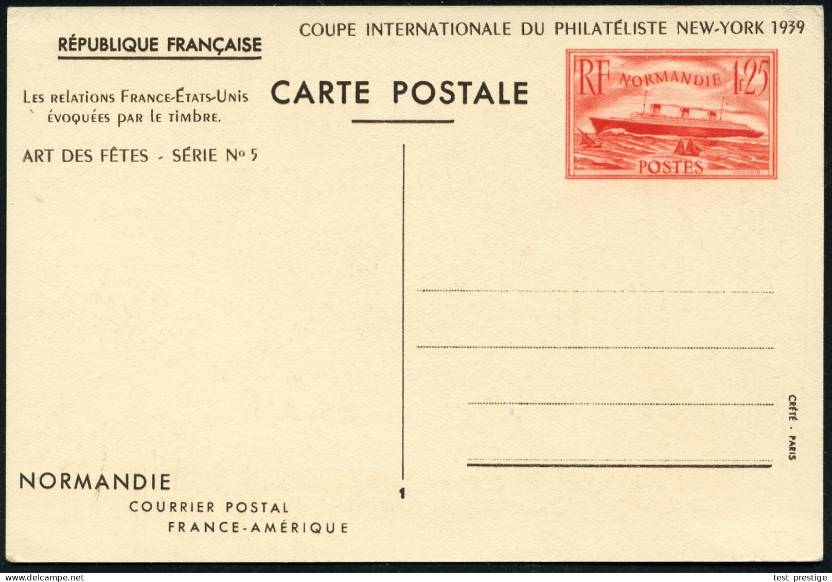 FRANKREICH 1939 1,25 F. Sonder-P. "Coupe Internat. Du Philatéliste New York" = Dampfer "Normandie" , Ungebr., Vergl. Los - Maritime
