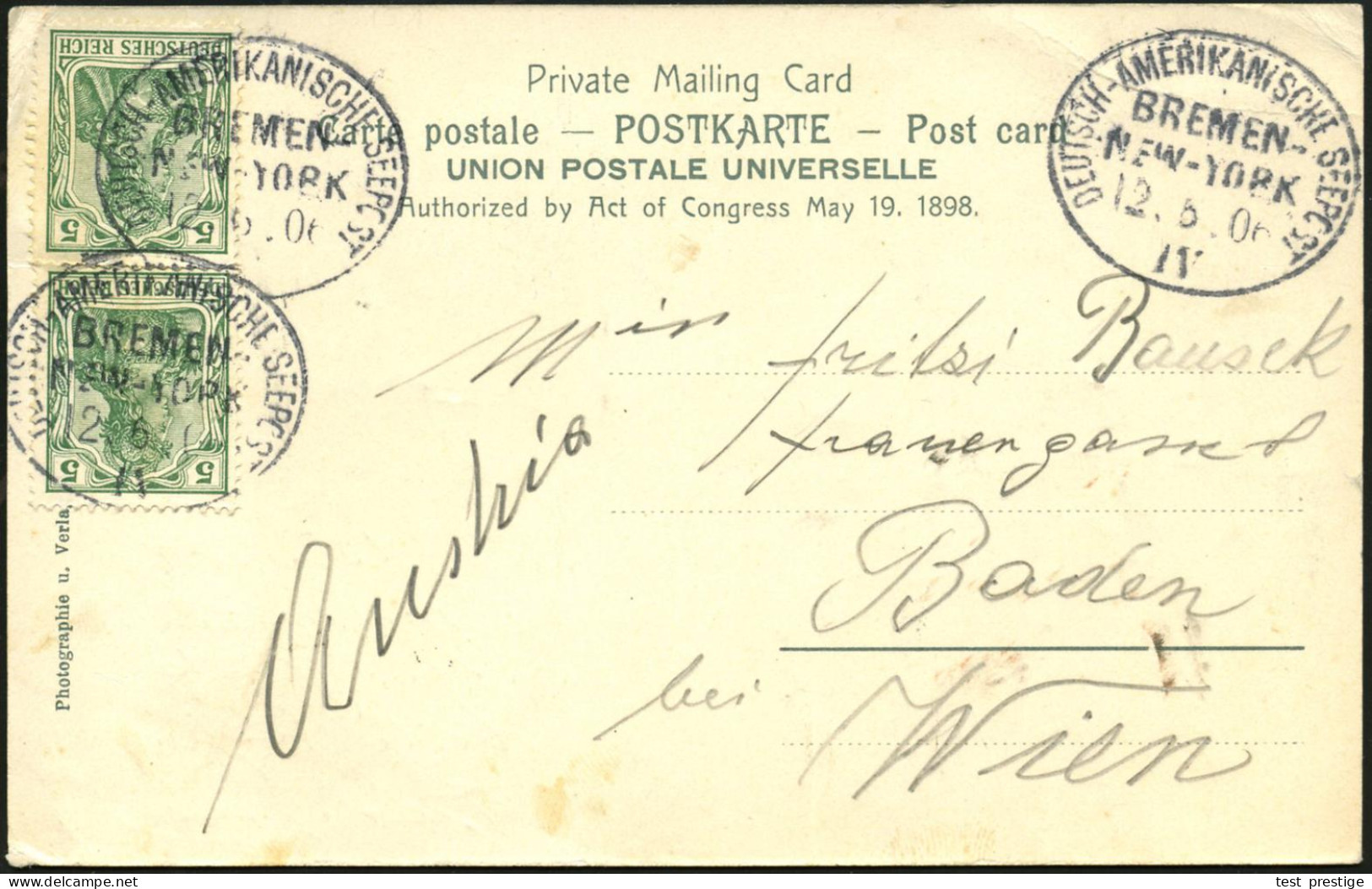 DEUTSCHES REICH 1906 (12.6.) Oval-BPA: DEUTSCH-AMERIKANISCHE SEEPOST/BREMEN-/NEW-YORK/IV , 3x Auf Germania Paar 5 Pf., C - Schiffahrt