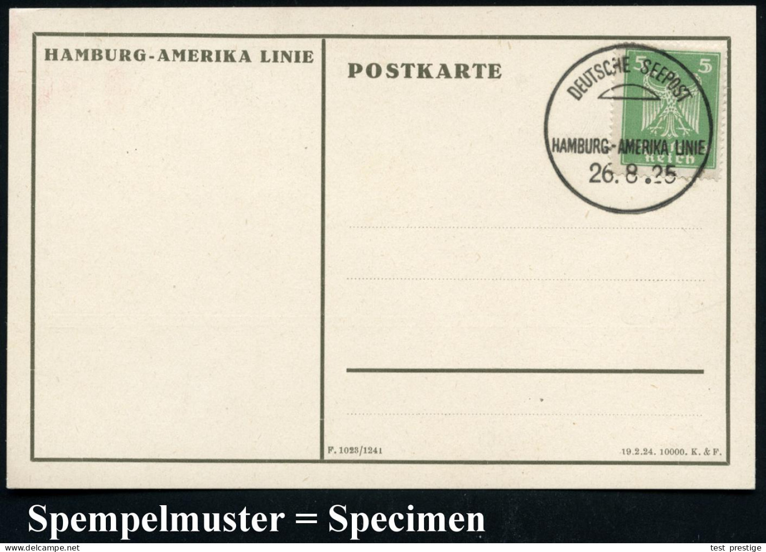 DEUTSCHES REICH 1925 (26.8.) 1K-BPA-Musterstempel Auf S/w.-Reklame-Ak. (Hapag-Dampfer) Ungebr. Musterkarte = Specimen, S - Marítimo