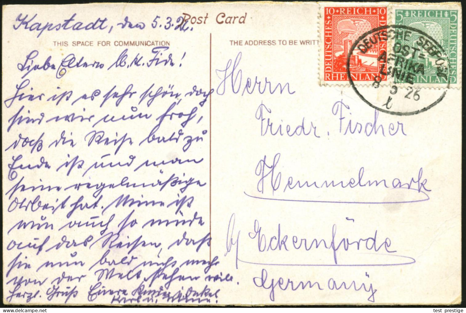 DEUTSCHES REICH 1926 (8.3.) Oval-BPA: DEUTSCHE SEEPOST/OST=/AFRIKA/LINIE/l Klar Auf Jahrtausendfeier Rheinland 5 U. 10 P - Maritime