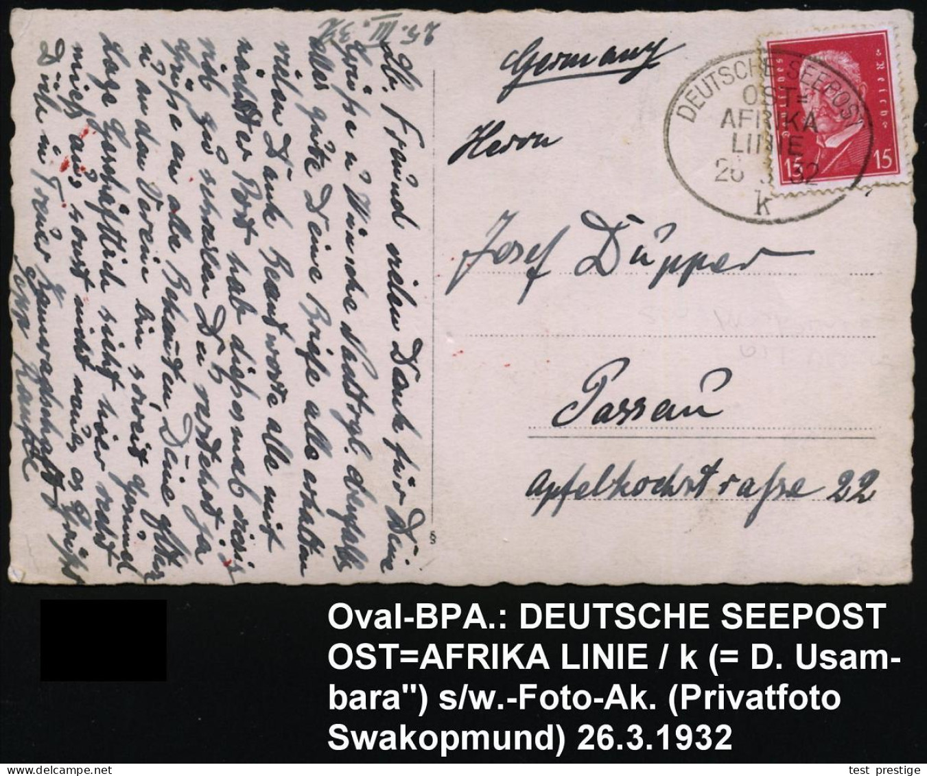 DEUTSCHES REICH 1932 (26.3.) Seltener Oval-BPA: DEUTSCHE SEEPOST/OST-/AFRIKA/LINIE/k = Dampfer "Usambara" , Klar Gest. E - Maritime