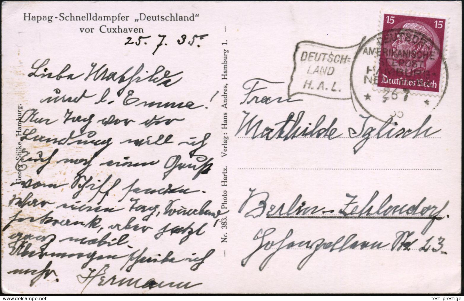 DEUTSCHES REICH 1935 (26.7.) Flaggen-BPA: DEUTSCH-/AMERIKANISCHE/SEEPOST/HAMBURG-/NEW YORK/**/DEUTSCH-/LAND/H.A.L. Klar  - Maritime