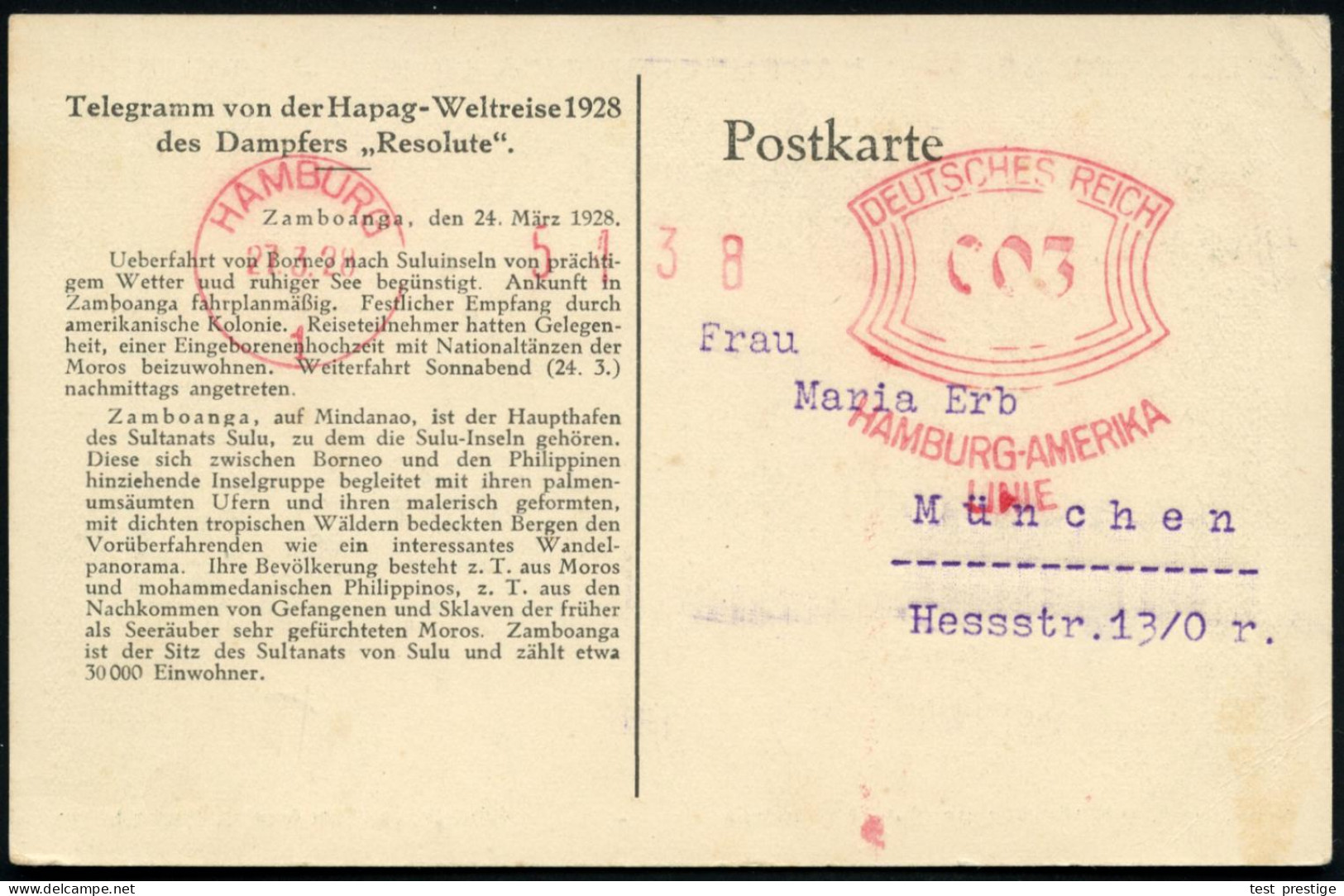 HAMBURG/ 1/ HAMBURG-AMERIKA/ LINIE 1928 (27.3.) AFS Francotyp Auf Telegramm-Ak: Hapag-Weltreise 1928 Dampfer "Resolute"  - Maritime