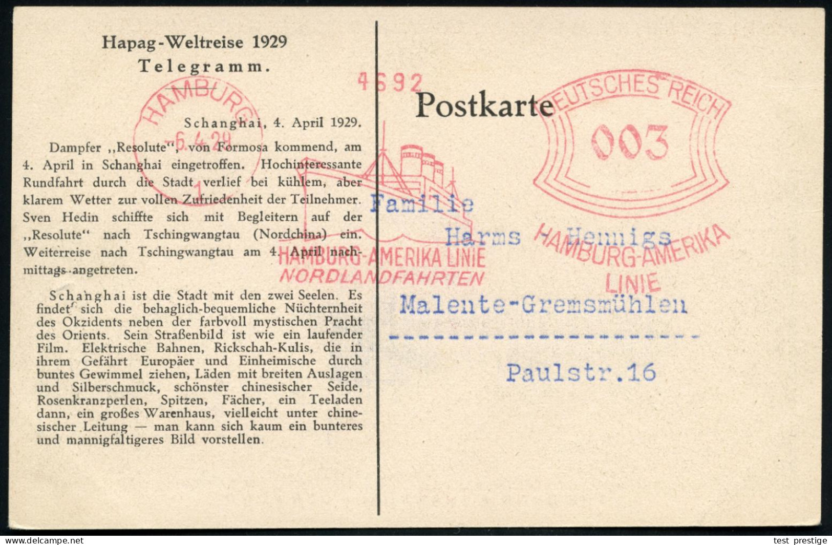 HAMBURG/ 1/ HAMBURG-AMERIKA LINIE/ NORDLANDFAHRTEN 1929 (6.4.) AFS Francotyp (Ozeandampfer) Auf Grüner Telegramm-Ak: Hap - Maritime