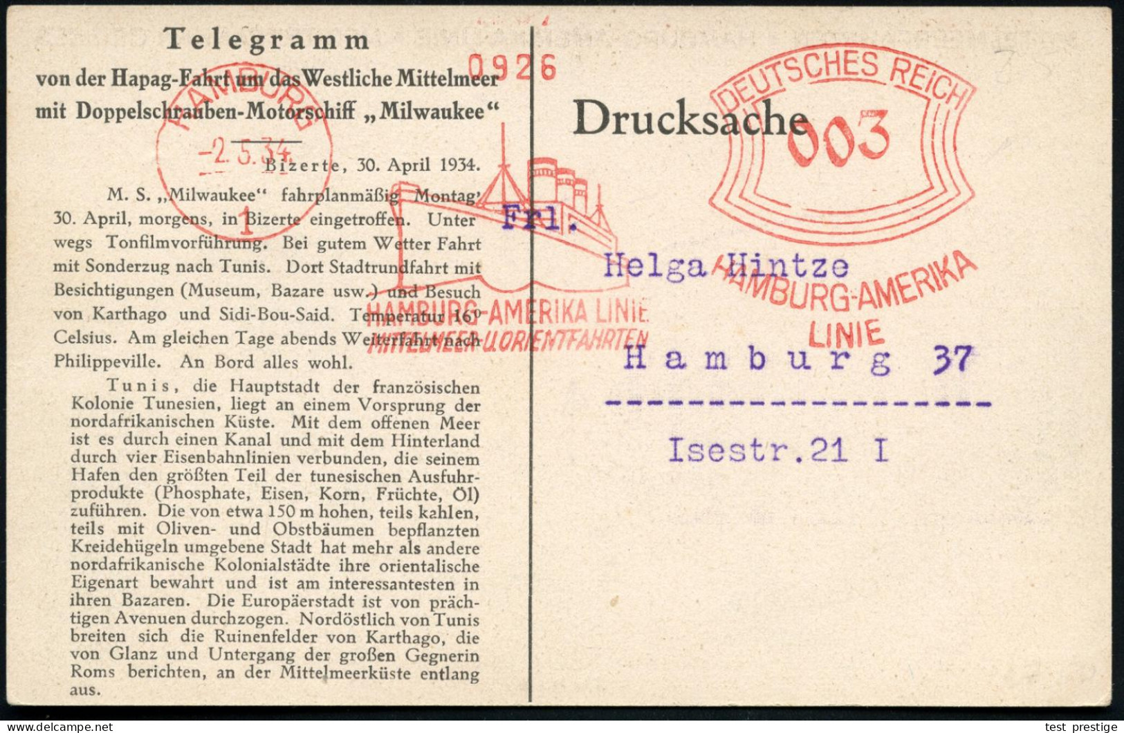 HAMBURG/ 1/ HAMBURG-AMERIKA LINIE/ MITTELMEER-U.ORIENTFAHRTEN 1934 (2.5.) AFS Francotyp Auf Grüner Telegramm-Ak.: Hapag- - Maritime