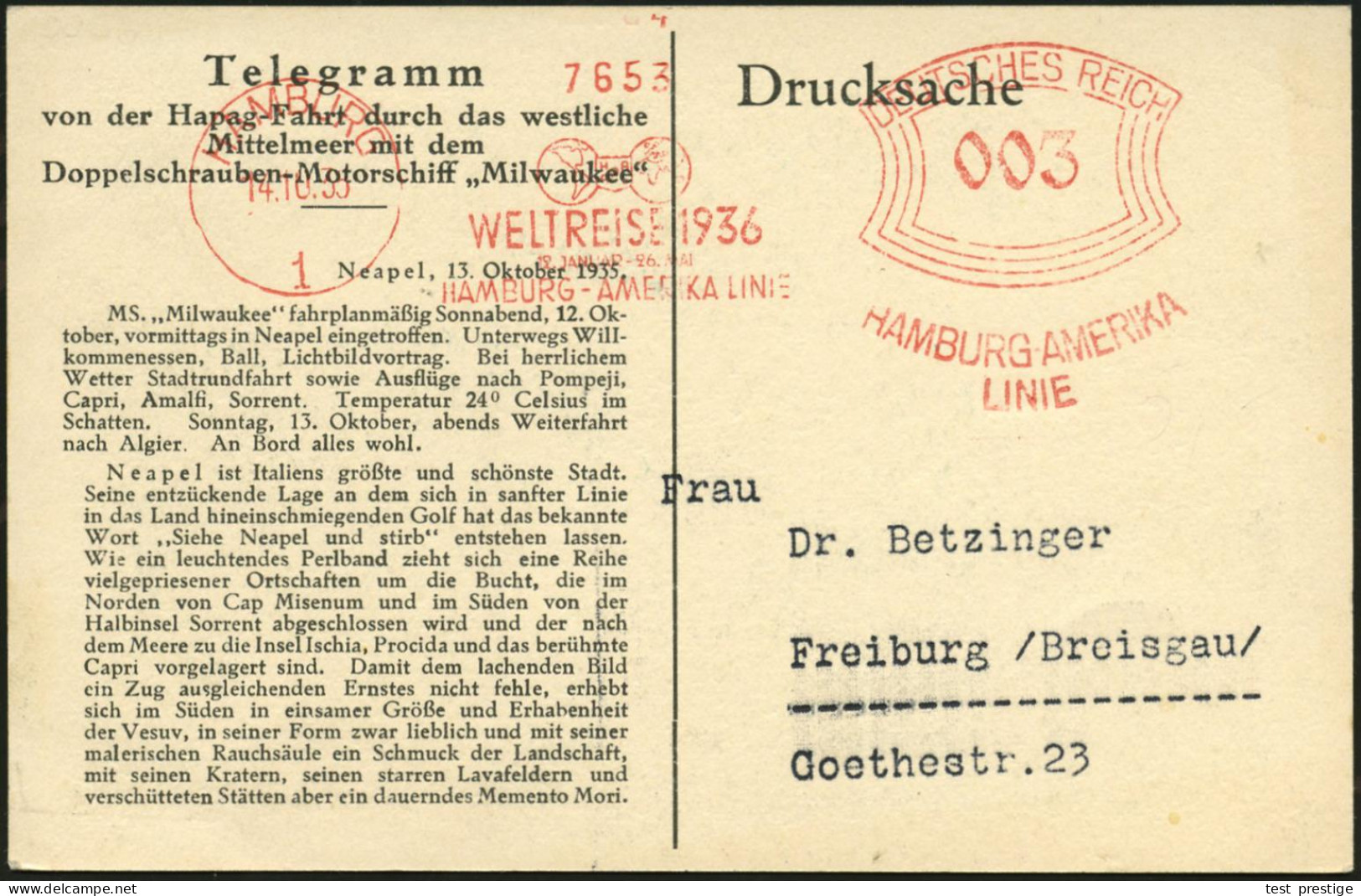 HAMBURG/ 1/ WELTREISE 1936/ 12.JANUAR-26.MAI/ HAMBURG-AMERIKA LINIE 1935 (14.10.) Seltener AFS Francotyp (2 Globen) Auf  - Maritime