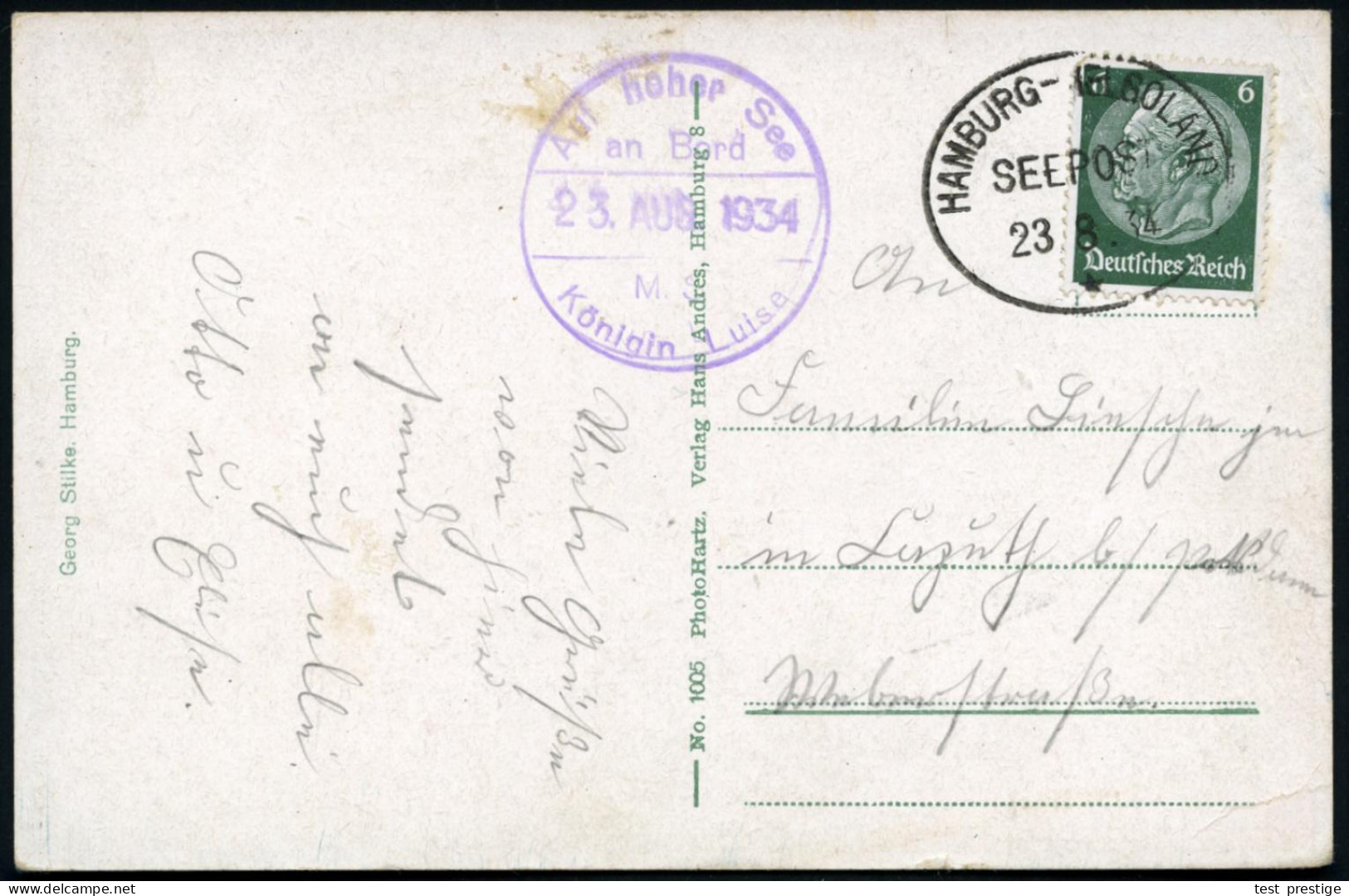 HAMBURG-HELGOLAND/ SEEPOST/ * 1934 (2.8.) Oval-BPA  M I T  Stern + Viol. HdN: ..M.S./Königin Luise Auf S/w.-Ak.: M.S. "K - Marítimo