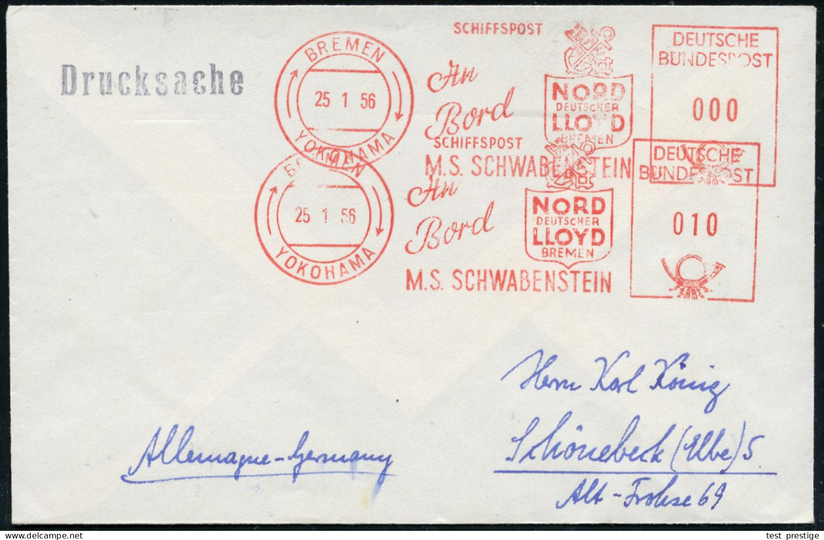 BREMEN/ YOKOHAMA/ SCHIFFSPOST/ An/ Bord/ M.S.SCHWABENSTEIN/ NORD/ DEUTSCHER/ LLOYD/ BREMEN 1956 (25.1.) Sehr Seltener Bo - Schiffahrt