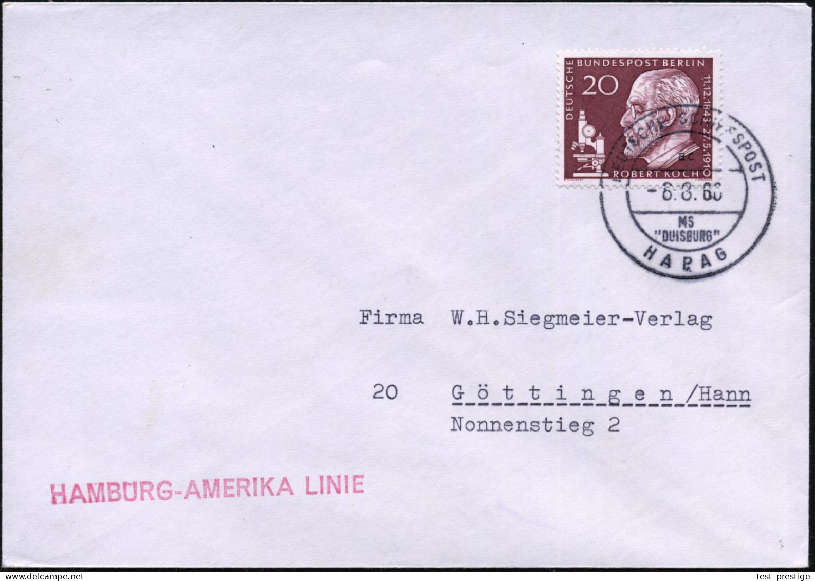 B.R.D. 1960 (8.8.) 2K-BPA: DEUTSCHE SCHIFFSPOST/ac/MS/"DUISBURG"/HAPAG , Klar Gest., Seltener Inl.-Bf. (Nr. I-11) - AMTL - Marítimo