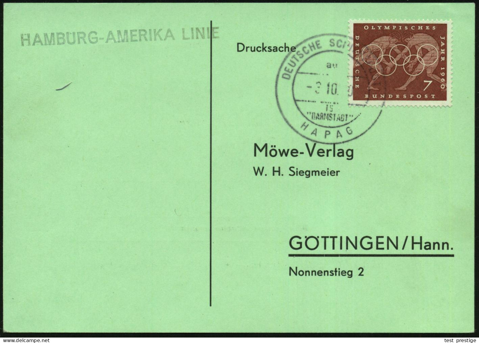 B.R.D. 1960 (3.10.) 2K-BPA: DEUTSCHE SCHIFFSPOST/au/TS/"DARMSTADT"/HAPAG (Nr.i-08) + 1L: HAMBURG-AMERIKA LINIE, Seltene  - Marítimo