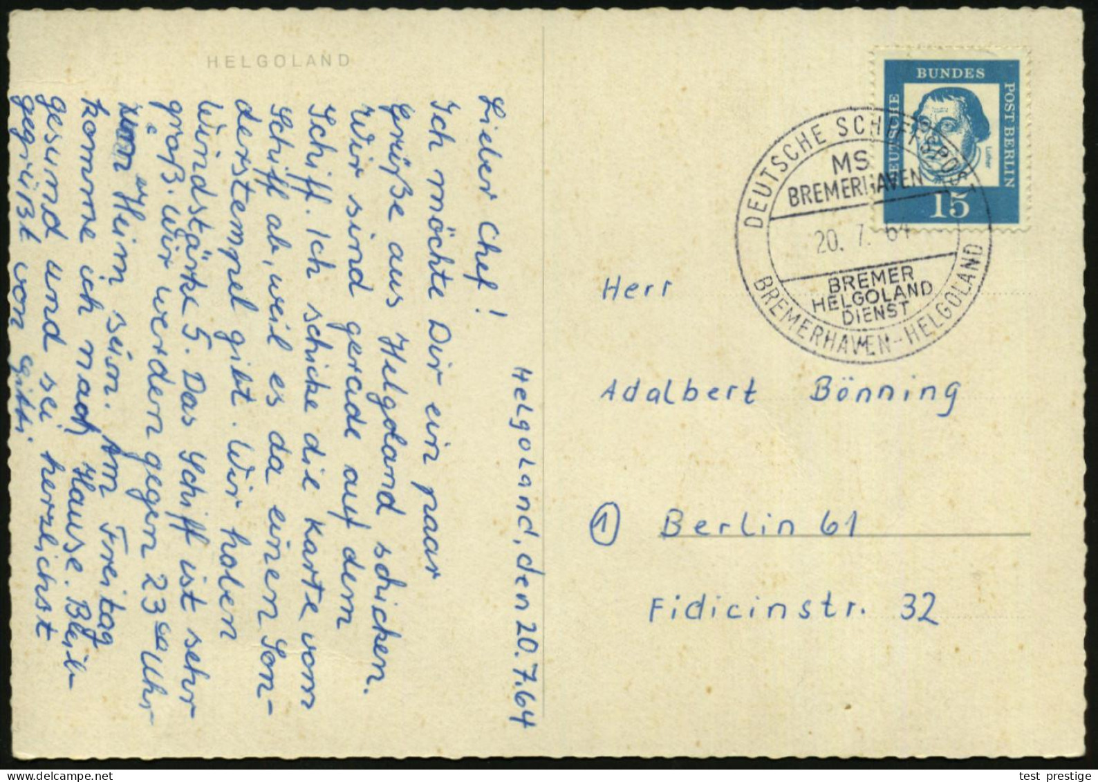 B.R.D. 1964 (20.7.) 2K-BPA.: DEUTSCHE SCHIFFSPOST/MS/BREMERHAVEN/BRMER/HELGOLAND/DIENST/BREMERHAVEN - HELGOLAND , Klar G - Schiffahrt