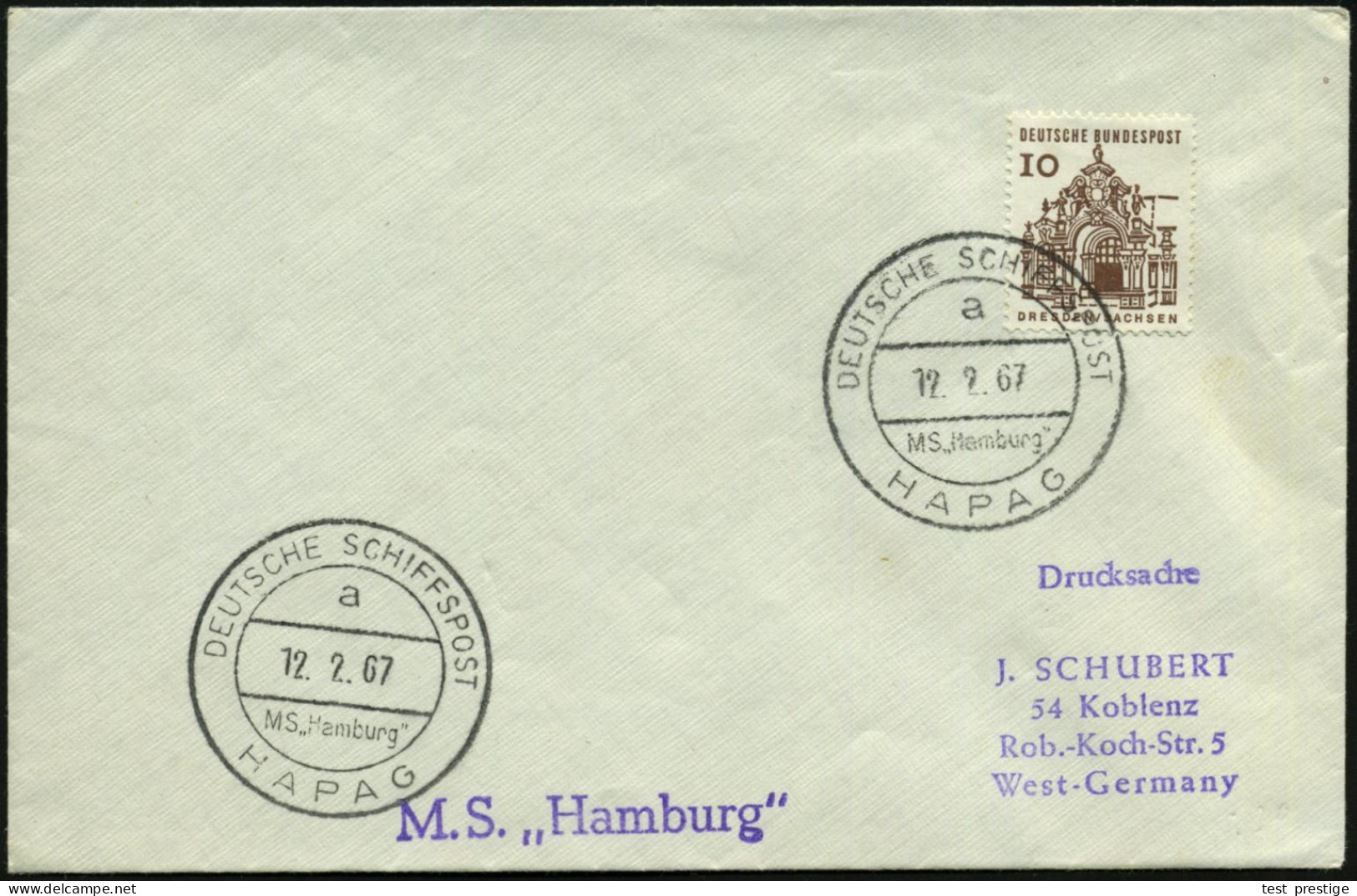 B.R.D. 1967 (12.2.) 2K-BPA: DEUTSCHE SCHIFFSPOST/a/MS "Hamburg"/HAPAG (Nr.i-18) + Viol. 1L: M. S. "Hamburg", Klar Gest.  - Schiffahrt