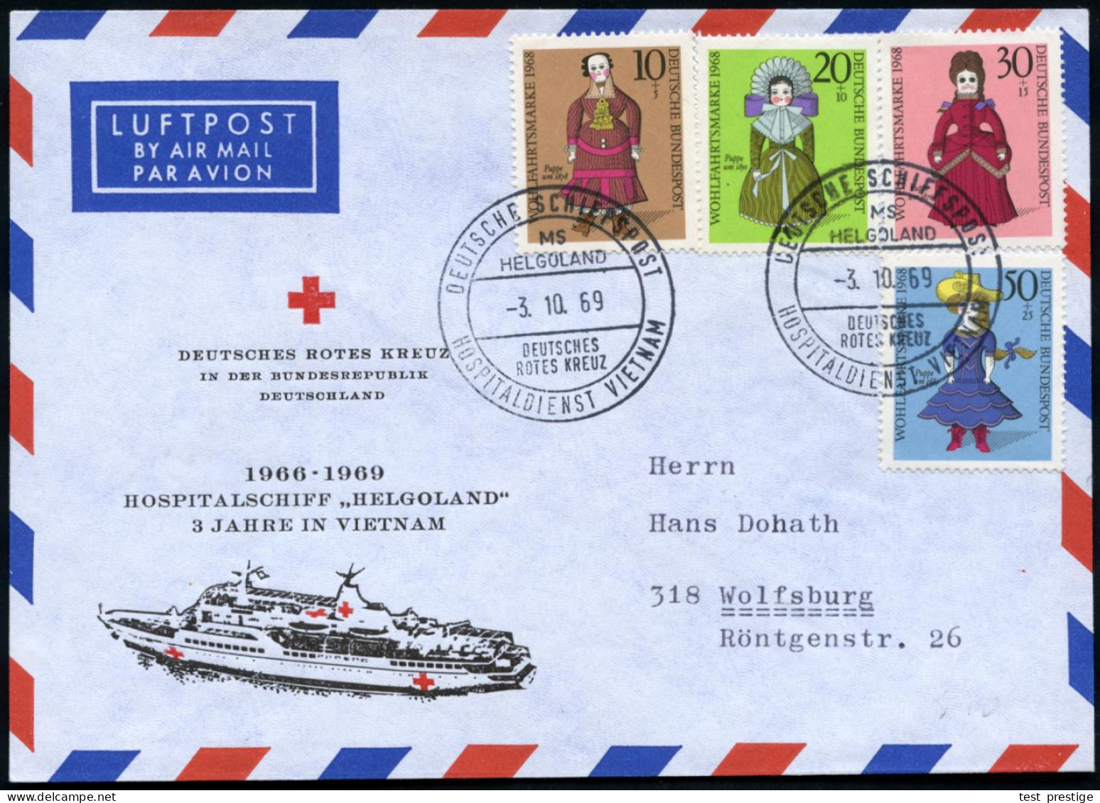 B.R.D. 1969 (3.10.) BPA: DT.SCHIFFSPOST/MS/HELGOLAND/DRK/HOSPITALDIENST VIETNAM 2x Klar Auf BRD-Wofa-Satz (Mi.571/74) DR - Marítimo