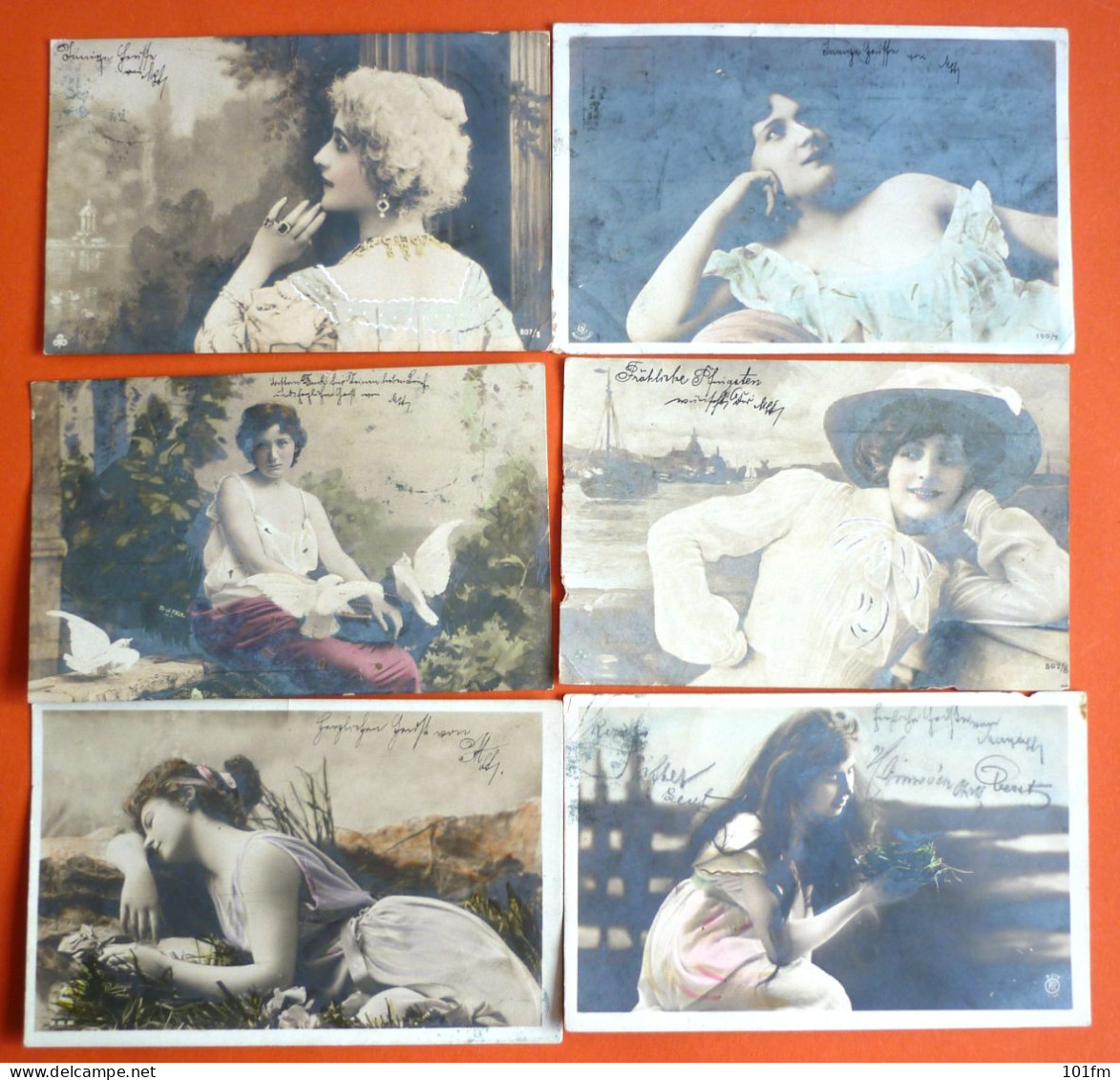 LOT 6 OLD POSTCARDS, BEAUTIFUL WOMAN, ALL USED WITH STAMPS, EXCELLENT CONDITION - Femmes
