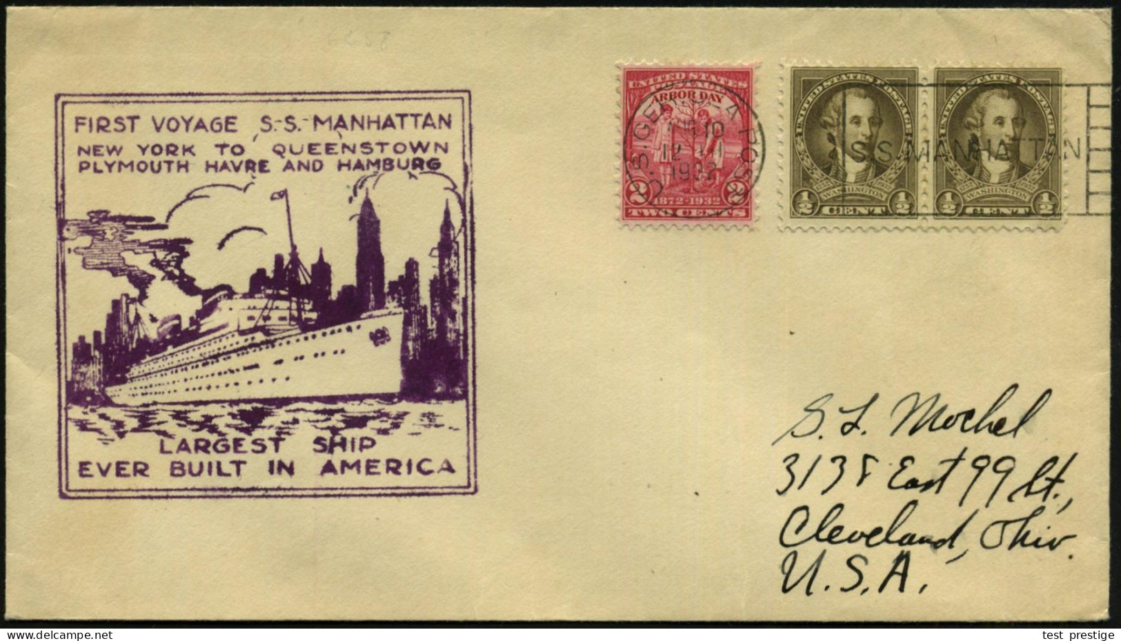 U.S.A. 1932 (10.8.) BPA-MaSt: U.S. GER.SEA POST/SS. MANHATTAN + Viol. HdN: FIRST VOYAGE SS. MANHATTAN/NEW YORK TO QUEENS - Maritime