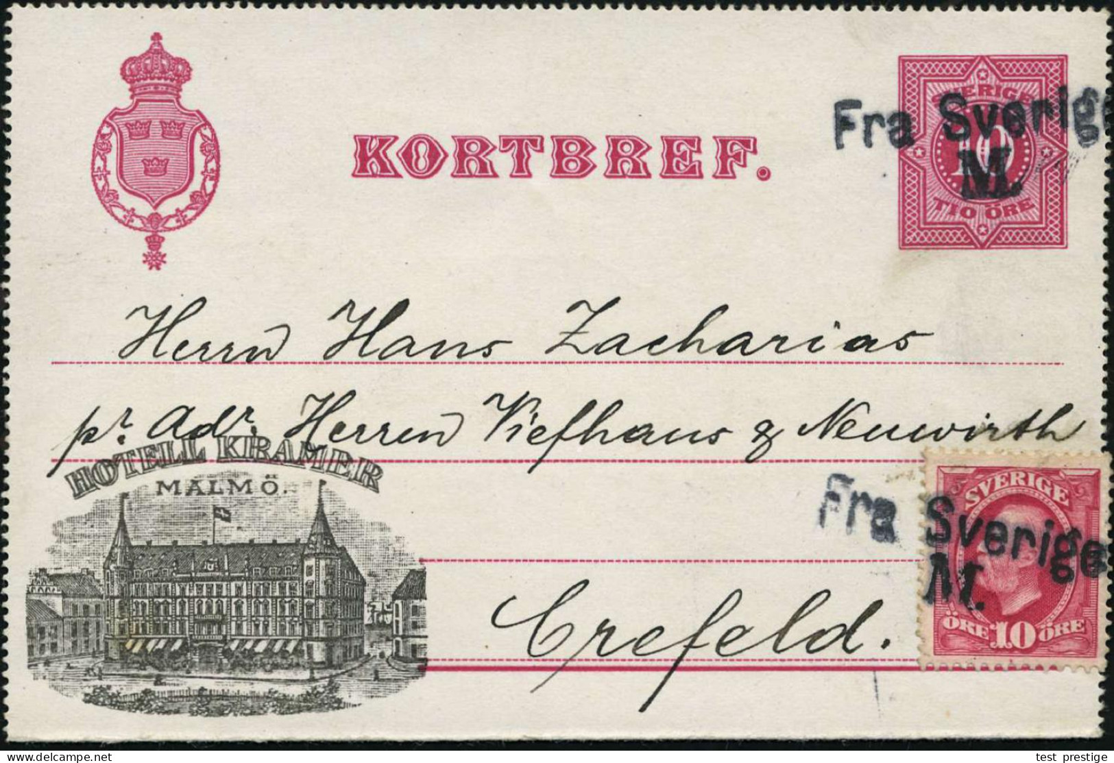 SCHWEDEN 1897 (21.11.) Privat-Reklame-Kartenbf. 10 Ö. Rot: HOTEL KRAMER/MALMÖ + Zusatzfrankat. 10 Ö. (Mi.43) 2x Schw. 2L - Maritime