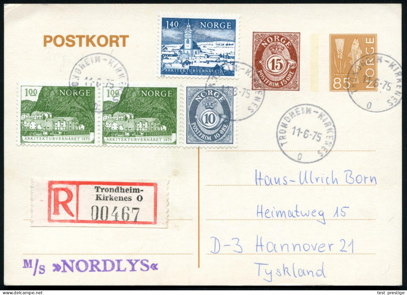 NORWEGEN 1975 (11.6.) 1K-BPA: TRONDHEIM - KIRKENES/O 4x Klar Auf Inl.-P 85 Ö. + Zusatzfrankatur + Sonder-RZ: Trondheim-/ - Maritime