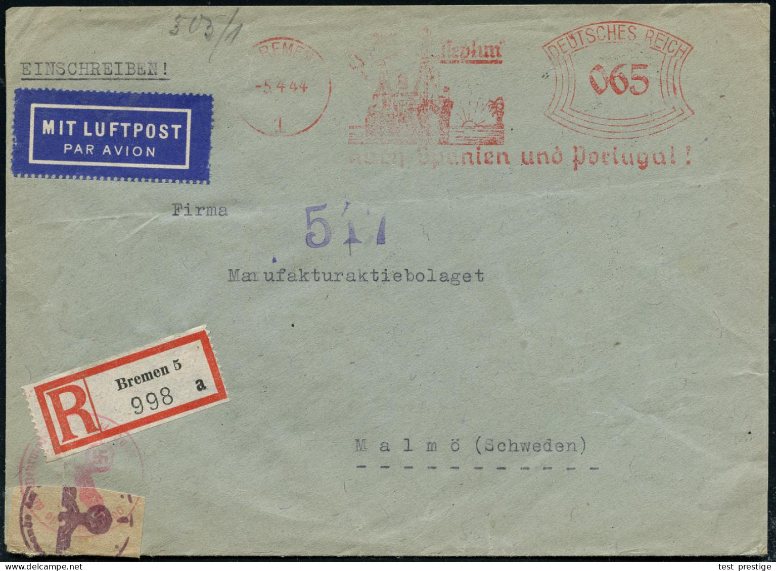 BREMEN/ 1/ Mit 'Neptun'/ Nach Spanien U.Portugal 1944 (5.4.) AFS Francotyp 065 Pf. (kriegsbedingt Etw. Abgenutzt) + RZ:  - Maritime