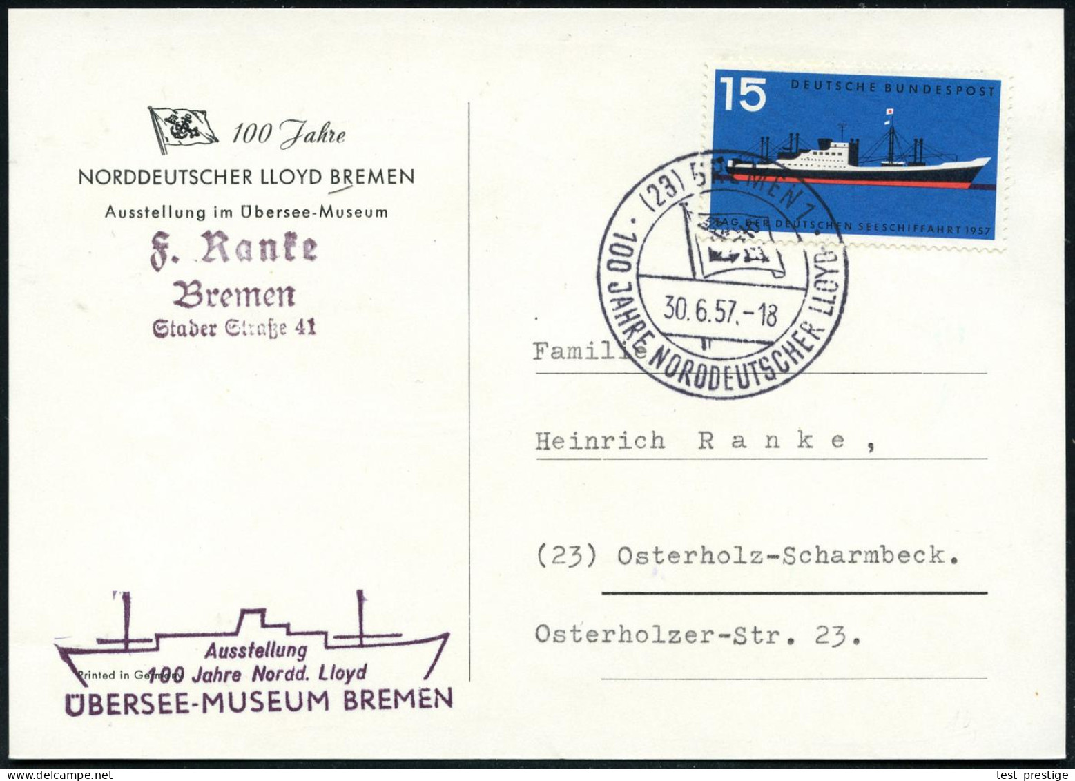 (23) BREMEN 1/ 100 JAHRE NORDDEUTSCHER LLOYD 1957 (30.6.) SSt = NDL-Flagge Auf Seltener EF 15 Pf. "Tag Der Seeschiffahrt - Maritime