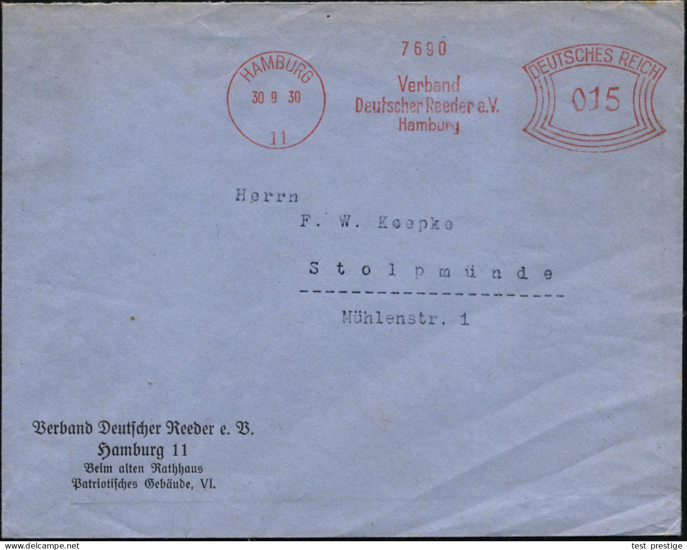 HAMBURG/ 11/ Verband/ Deutscher Reeder E.V. 1930 (30.9.) AFS Francotyp Klar Auf Firmen-Bf. (Dü.E-1CEh) - REEDEREI / SCHI - Marítimo