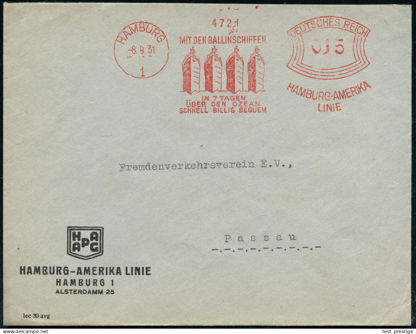 HAMBURG/ 1/ MIT DEN BALLINSCHIFFEN/ IN 7 TAGEN/ ÜBER DEN OZEAN../ HAMBURG-AMERIKA/ LINIE 1931 (8.9.) AFS Francotyp (4 Oz - Schiffahrt