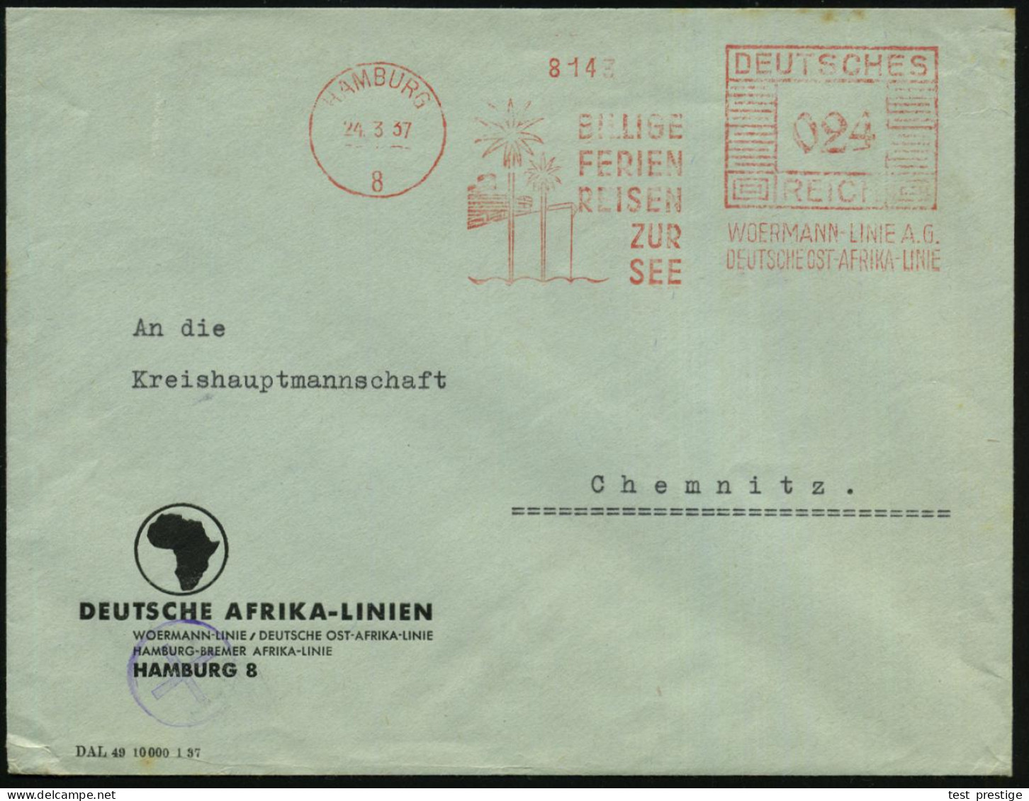 HAMBURG/ 8/ BILLIGE/ FERIEN/ REISEN/ ZUR/ SEE/ WOERMANN-LINIE AG/ DT.AFRIKA-LINIE 1937 (24.3.) AFS Francotyp = Palmen Vo - Marítimo