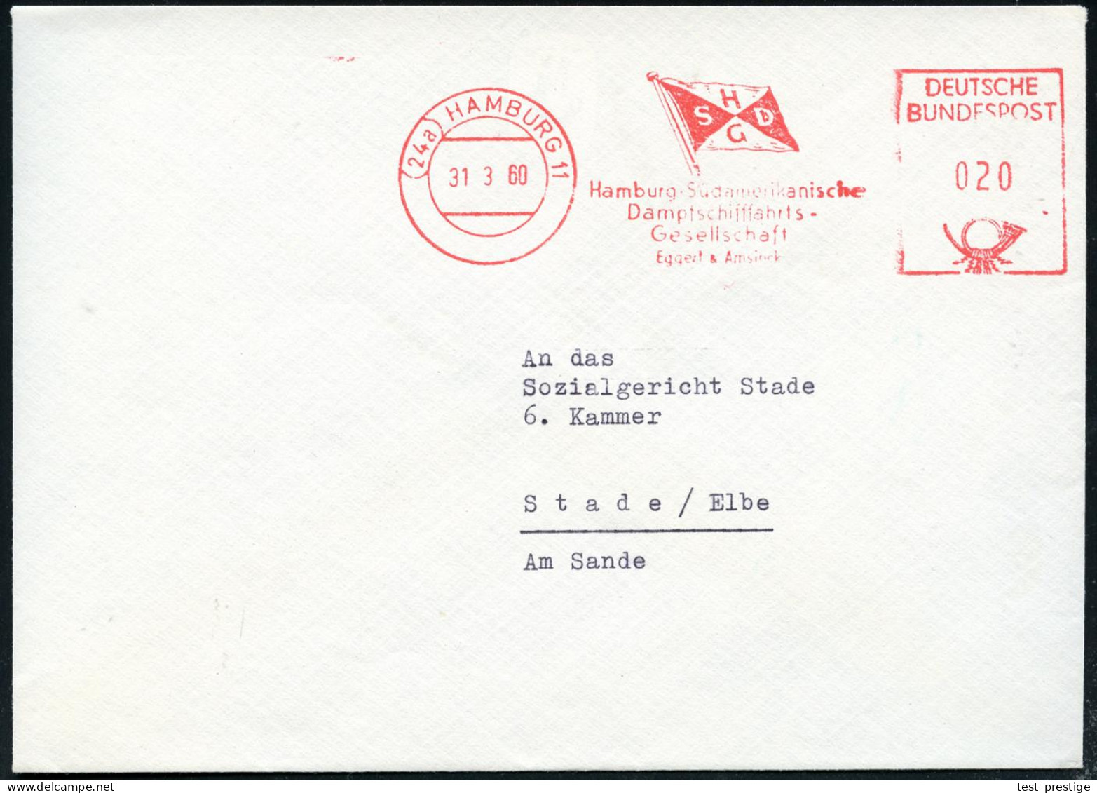 (24a) HAMBURG 11/ HSDG/ Hamburg-Südamerikanische/ Dampfschiffahrts/ Ges. 1960 (31.3.) AFS Postalia (Reederei-Flagge) Rs. - Maritime