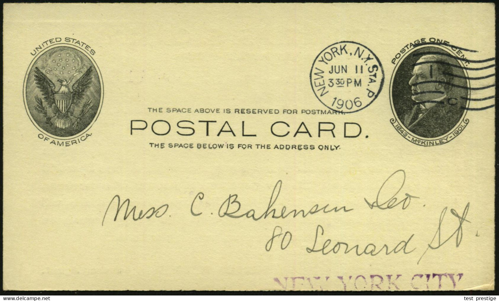 U.S.A. 1906 (11.6.) Amtl. P 1 C. McKinley + Rs. Firmen-Zudruck: THE CUNARD S. S. CO. Ltd. New York + Viol. 1L: U M B R I - Schiffahrt