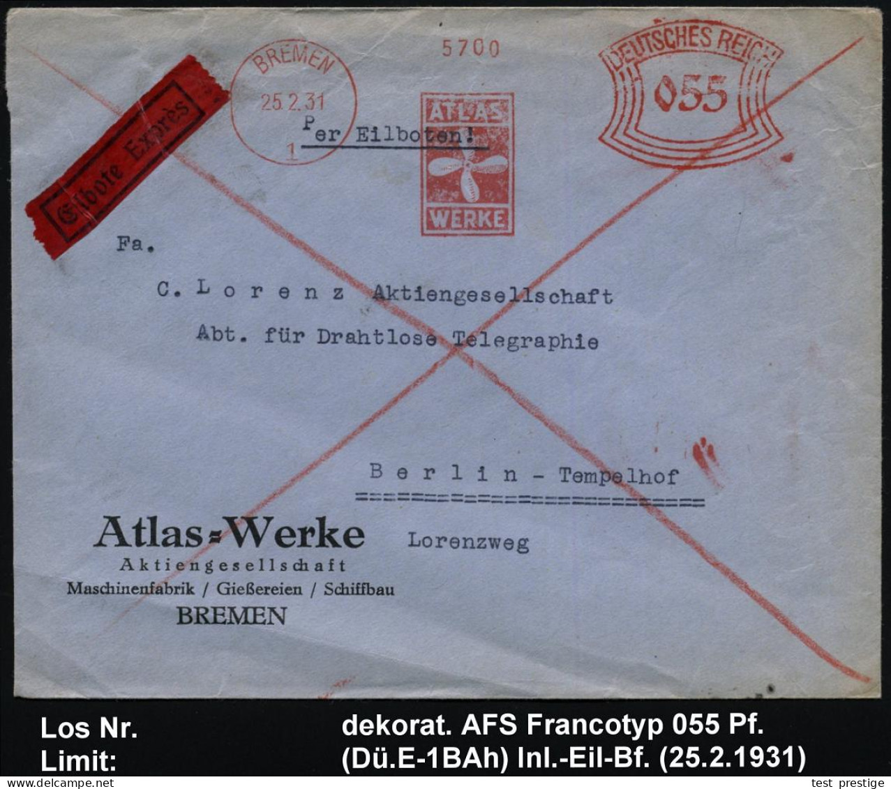 BREMEN/ 1/ ATLAS/ WERKE 1931 (25.2.) AFS Francotyp 055 Pf. = Schiffsschraube , Firmen-Bf.:  Atlas-Werke AG, = Schiffbau, - Maritime