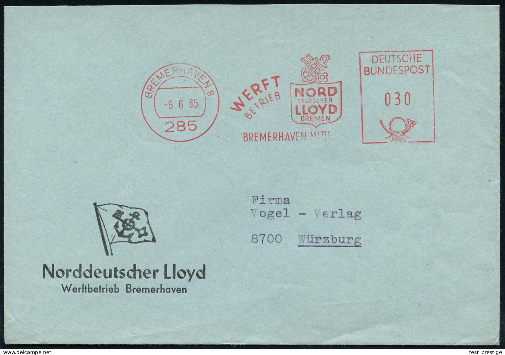 285 BREMERHAVEN 8/ WERFT/ BETRIEB/ NORD/ DEUTSCHER/ LLOYD.. 1965 (6.6.) AFS Postalia (Logo) Dekorativer Firmen-Bf. Mit R - Marítimo