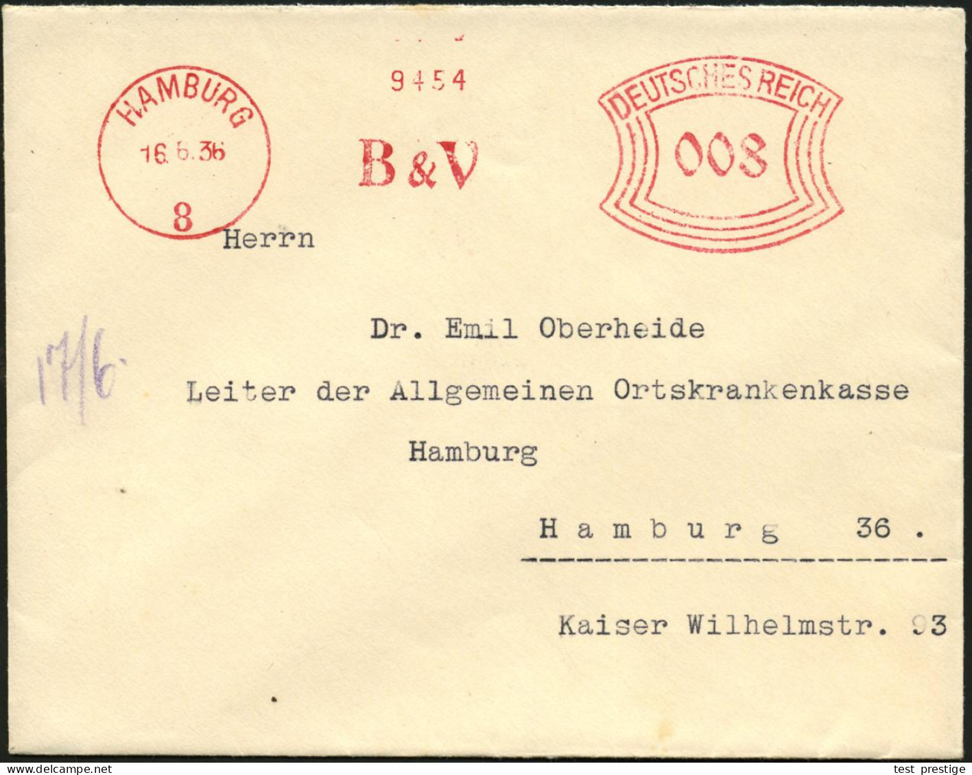 HAMBURG/ 8/ B & V 1936 (16.6.) AFS Francotyp = B Lohm & Voss, Rs. Persönl. Absender-Vordr.: RUD. BLOHM, Kleiner Ortsbf., - Maritiem