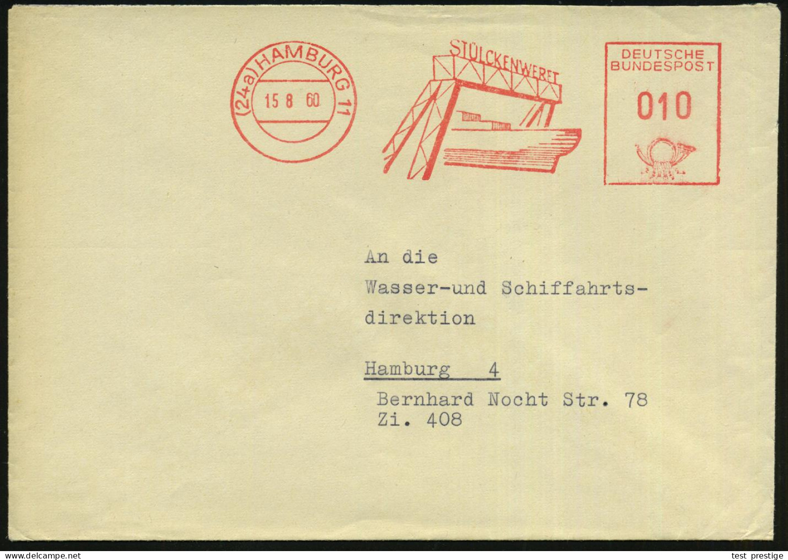 (24a) HAMBURG 11/ STÜLCKENWERFT 1960 (15.8.) Dekorativer AFS (= Werft Mit Schiffsrumpf U. Werftbrücke) Rs. Abs.-Vordruck - Schiffahrt