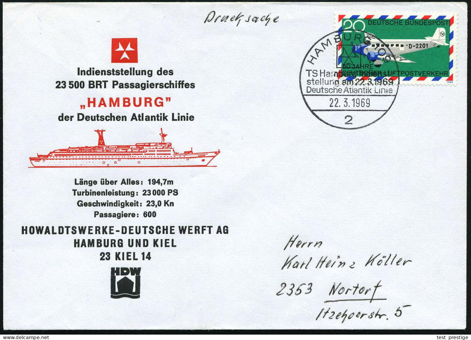 2 HAMBURG 109/ TS Hamburg Indienst-/ Stellung../ DAL 1969 (22.3.) SSt (Reederei-Logo) Auf Inl.-.SU. + Orig. S/w.-Foto,   - Schiffahrt