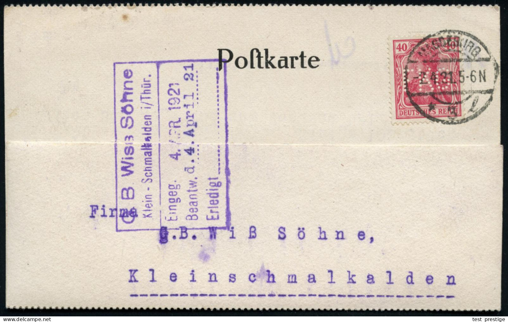 MAGDEBURG 3 1921 (2.4.) 1K-Brücke Auf EF 40 Pf. Germania Mit Firmenlochung: "F K G" = F Riedrich Krupp Gruson = Herstell - Schiffahrt