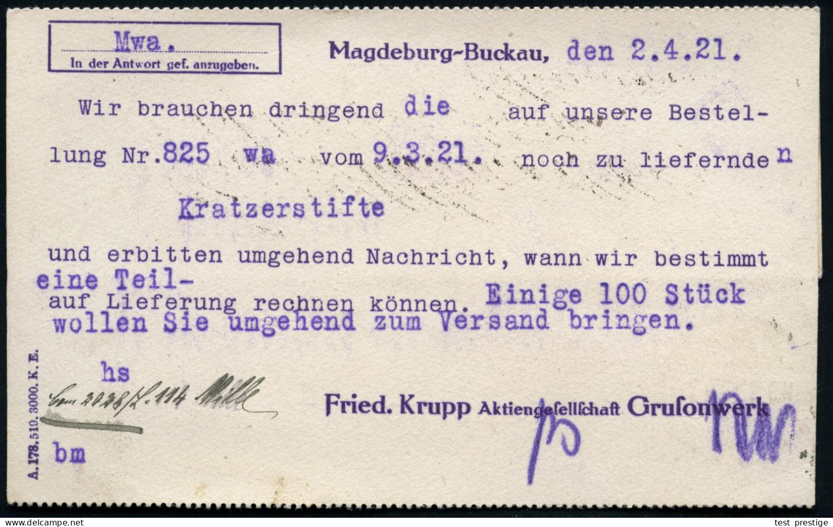 MAGDEBURG 3 1921 (2.4.) 1K-Brücke Auf EF 40 Pf. Germania Mit Firmenlochung: "F K G" = F Riedrich Krupp Gruson = Herstell - Schiffahrt