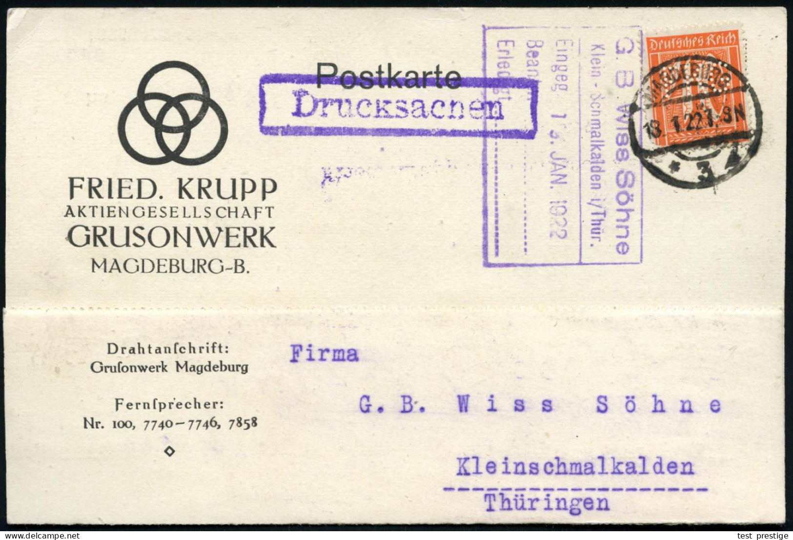 MAGDEBURG 3 1922 (18.1.) 1K-Brücke Auf EF 40 Pf. Ziffer, Orange Mit Firmenlochung "F K G" = F Riedrich Krupp Gruson = He - Maritime