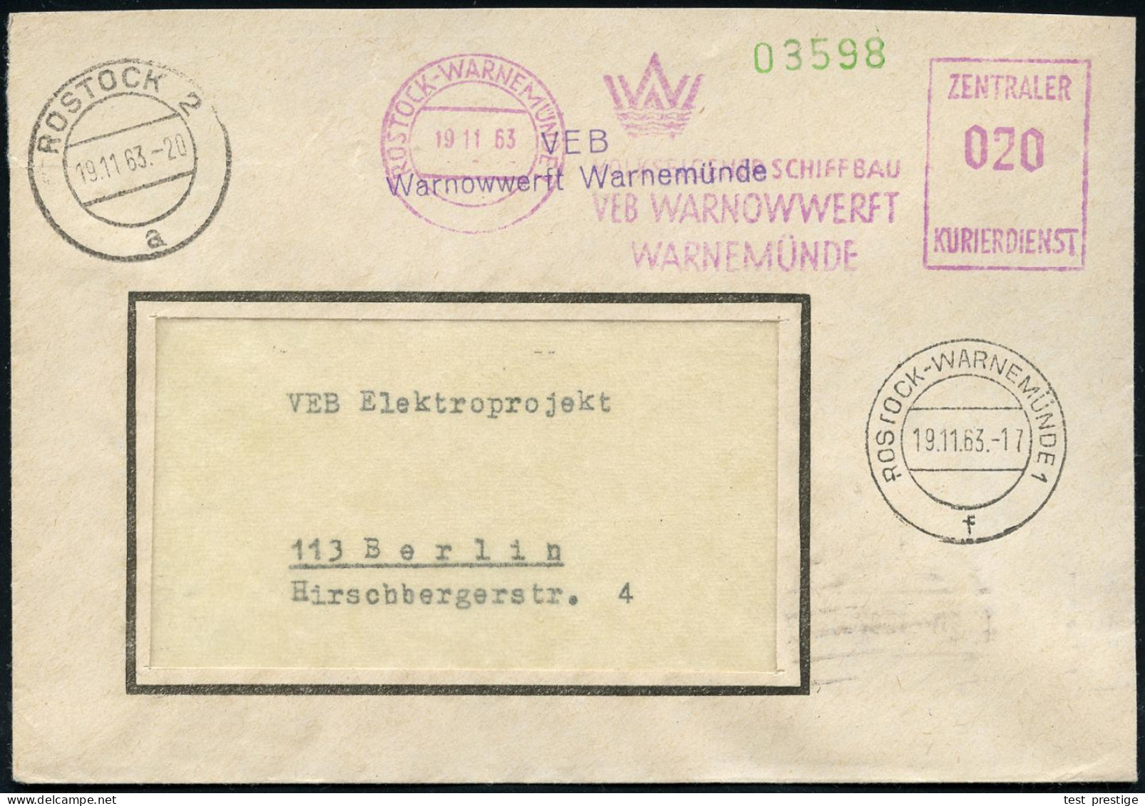 ROSTOCK-WARNEMÜNDE/ WW/ VOLKSEIGENER SCHIFFBAU/ VEB WARNOWWERFT 1963 (19.11.) Lila ZKD-AFS Francotyp 20 Pf. (Monogr.-Log - Schiffahrt