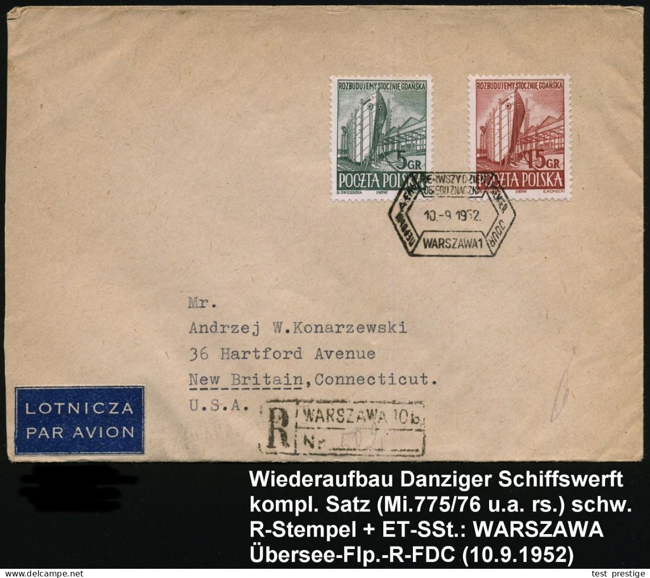 POLEN 1952 (10.9.) Wiederaufbau Danziger Schiffswerft, Kompl. Satz  (u.a. Rs.) + ET-SSt.: WARSZAWA 1 + Schw. R-Stempel:  - Schiffahrt