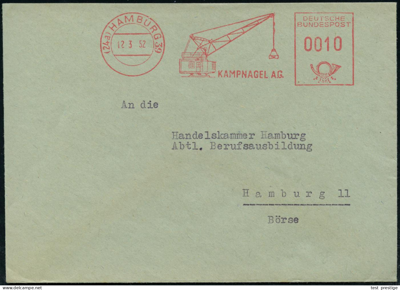 (24a) HAMBURG 39/ KAMPNAGEL AG 1952 (12.3.) AFS Francotyp 0010 Pf., Vierstellig (= Hafen-Massengut-Kran) Rs. Abs.-Vordru - Marítimo