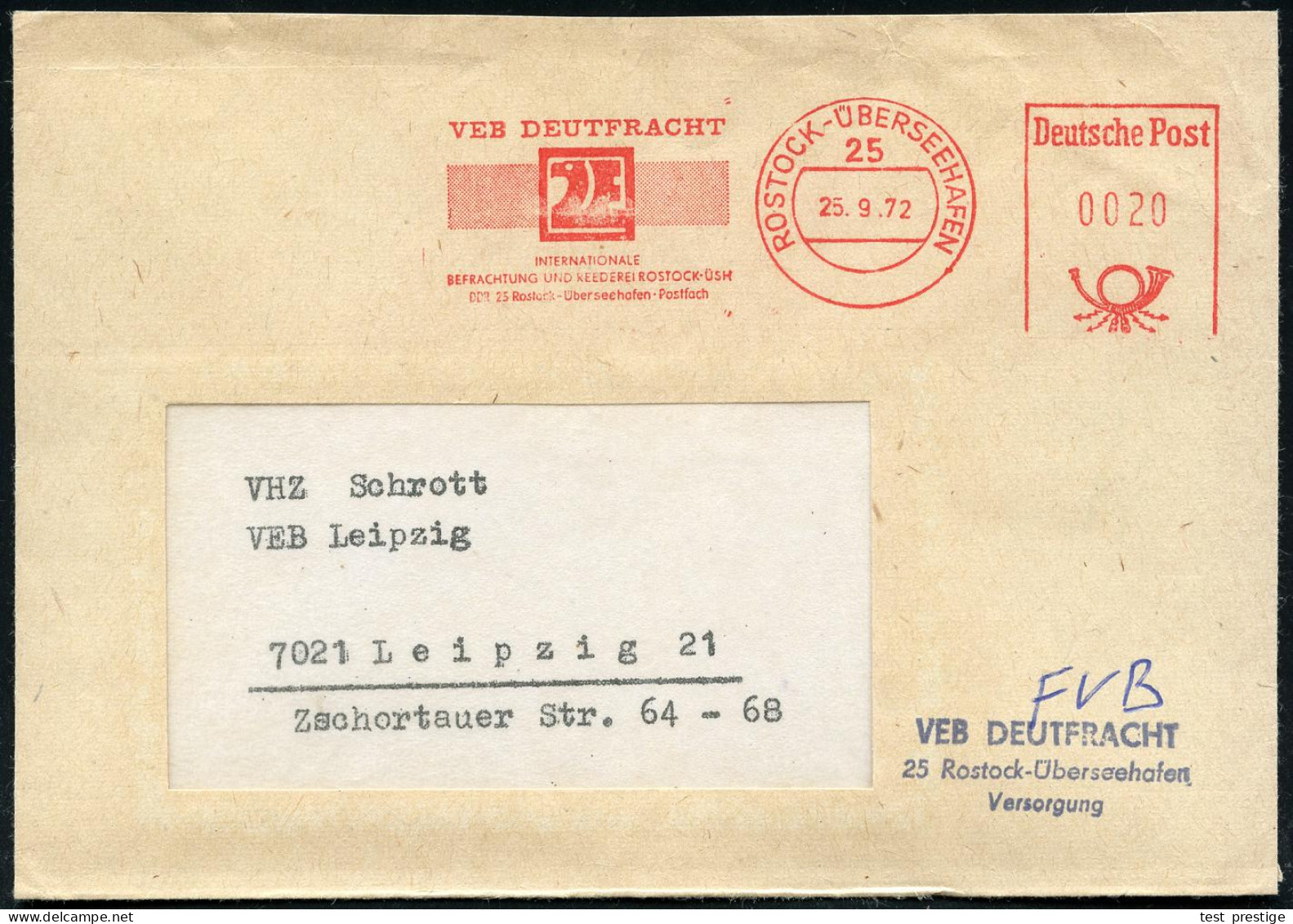 25 ROSTOCK - Ü B E R S E E H A F E N / DDR/ DSR/ VEB DEUTFRACHT SEEREEDEREI 1972 (21.8.) AFS Postalia, Sonderform, Viers - Schiffahrt