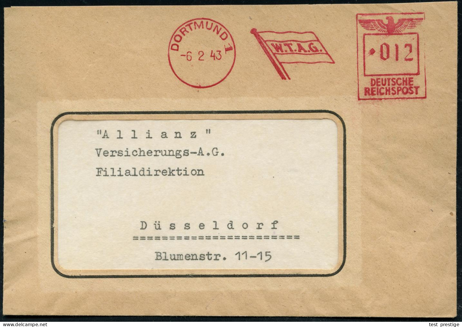 DORTMUND 1/ W.T.A.G. 1943 (6.2.) AFS Francotyp "Reichsadler ANTIQUA" (Reederei-Flagge) Klar Gest. Fern-Bf. (Dü.E-8DGo) - - Schiffahrt