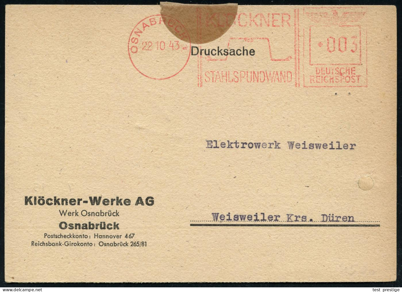 OSNABRÜCK 1/ KLÖCKNER/ STAHLSPUNDWÄNDE 1943 (22.10.) Seltener AFS Francotyp "Reichsadler ANTIQUA" (Spundwand) Firmen-Kt. - Marítimo