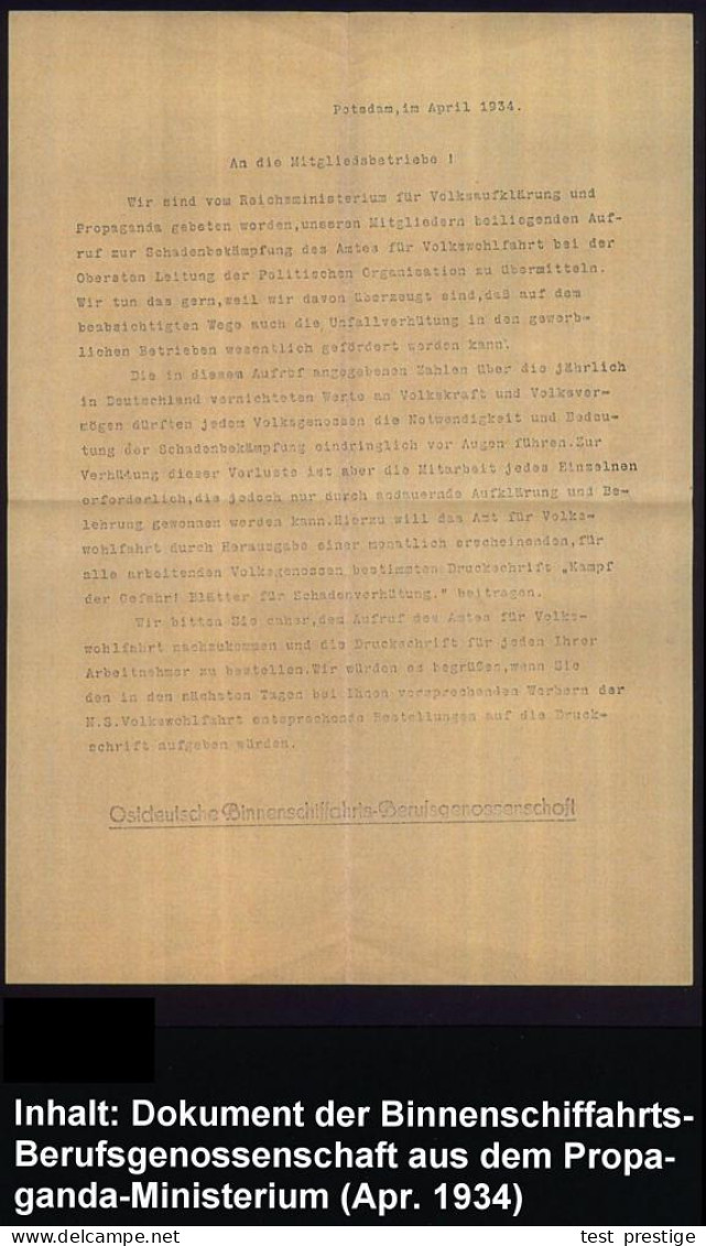 POTSDAM/ 1/ Helft Unfälle/ Verhüten!/ Ostdeutsche/ Binnenschiffahrts-/ Berufsgenossenschaft.. 1934 (27.4.) AFS Francotyp - Marítimo