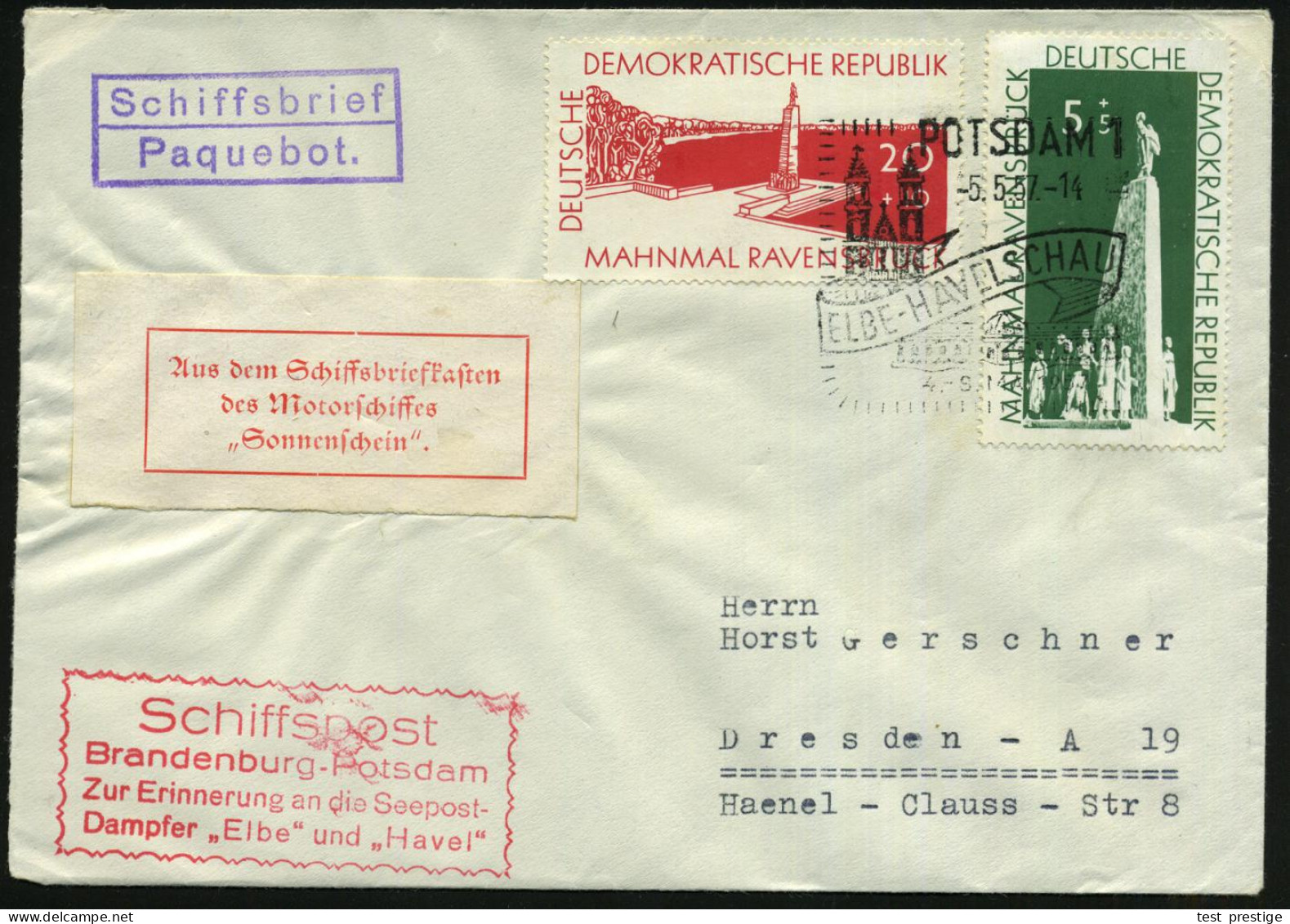 POTSDAM 1/ ELBE-HAVELSCHAU 1957 (Mai) SSt = Magdeburger Dom, Schloß Sansouci + Aufkleber: Aus Dem Schiffsbriefkasten /de - Schiffahrt