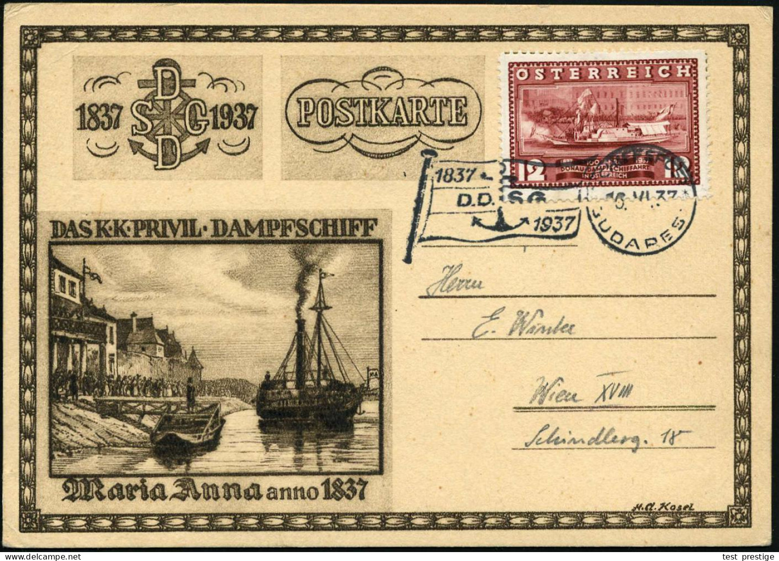 ÖSTERREICH 1937 (16.6.) Flaggen-BPA: SCHIFFSPOST/BUDAPEST/D.D.S.G. (Reederei-Flagge) A. EF 12 Gr. "100 Jahre D.D.S.G." A - Marittimi