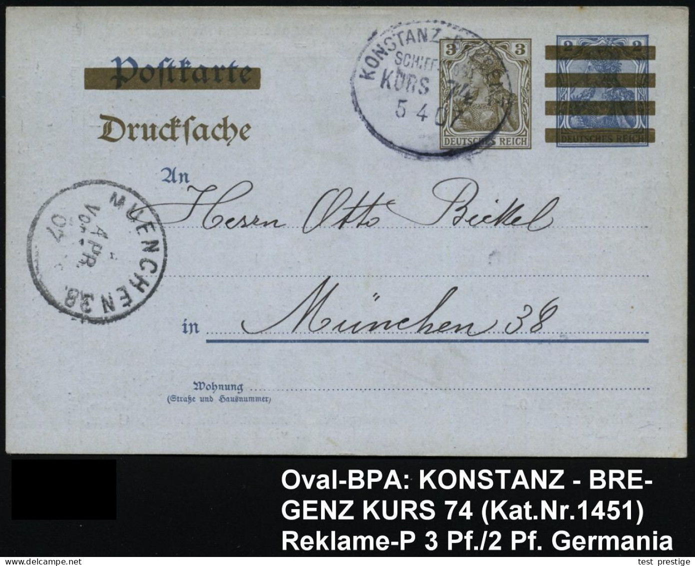 KOSTANZ-BREGENZ/ SCHIFFSPOST/ KURS 74 1907 (5.4.) Oval-BPA Auf Inl.-P 3 Pf./2 Pf. Germania , Rs. Reklame-Zudruck (Marken - Marítimo