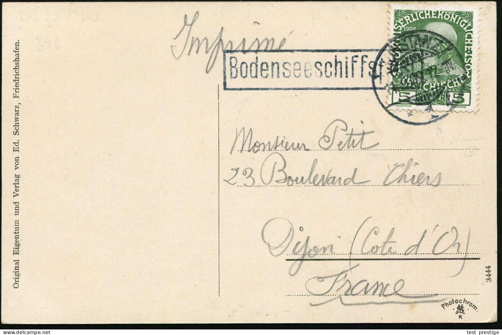 KONSTANZ/ *1l 1909 (11.9.) 1K-Gitter Auf EF Österreich 5 H. KFJ-Jubiläum , Grün (Mi.142 EF) + Blauschw. Ra.: Bodensee-sc - Maritime