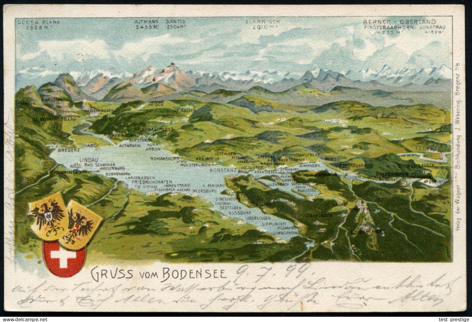 ÖSTERREICH 1899 (9.7.) 1K-BPA: K. K. OESTERR. SCHIFFSPOST/AM BODENSEE Auf EF 2 Kr. KFJ Medaillon, Color-Litho-Ak.: GRUSS - Schiffahrt