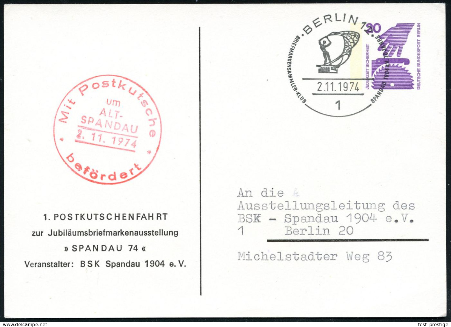 1 BERLIN 12/ BSK SPANDAU..70 JAHRE 1974 (2.11.) SSt = Fischer-Denkmal Auf PP 20 Pf. Unfall:1. Postkutschenfahrt (rs. His - Schiffahrt