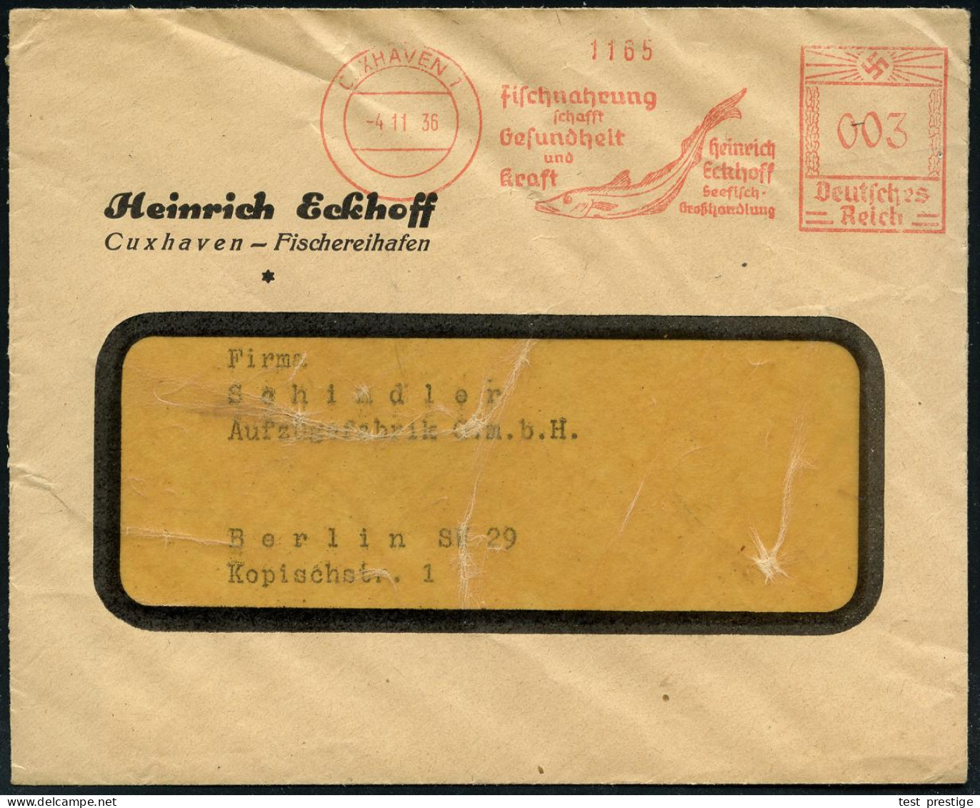 CUXHAVEN 1/ Fischnahrung/ Schafft/ Gesundheit/ U./ Kraft/ Heinr./ Eckhoff/ Seefisch. 1936 (4.11.) AFS Francotyp = Kabelj - Marítimo